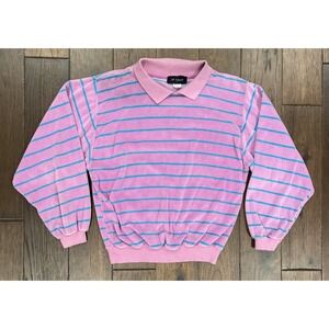 VTG 80s SK Sport Women's Pink Blue Stripped Terry Cloth Sweatshirt - Size Medium